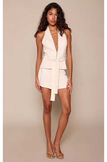 Cream Tailored Belt Detail Tailored Shorts Co-ord