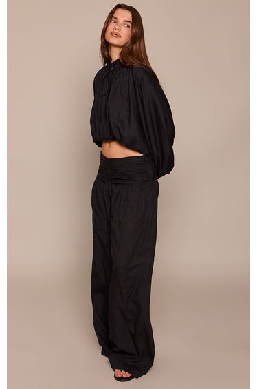 Black Linen Ruched Waistband Trousers