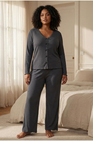 Anthracite cotton lace and ribbon/bow detailed ribbed knitted pajama set