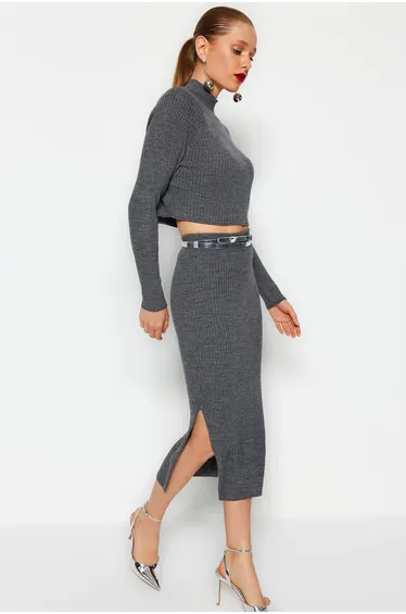 Anthracite Crop Basic Skirt Knitwear Top and Bottom Set
