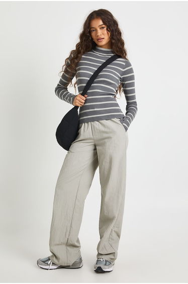 Stripe Long Sleeve Knit Top - charcoal