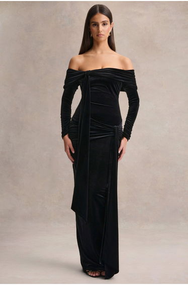 Jessara | Black Bardot-Neck Maxi Dress With Knot-Details
