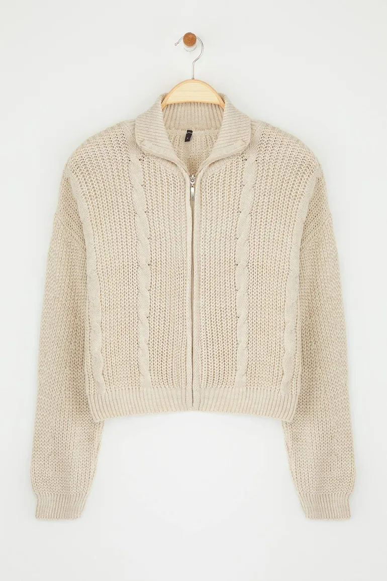 Stone*001 Crop Straight Stand Collar Knitwear Cardigan Trendyol