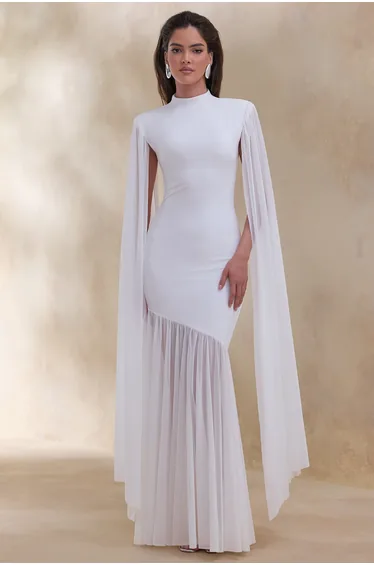 Chantelle | White High-Neck Maxi Dress With Drop-Waist And Cape-Sleeves