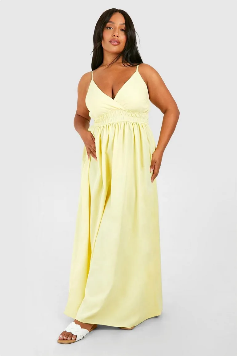 Shop Plus Woven Shirred Waist Maxi Dress - lemon Online in Oman