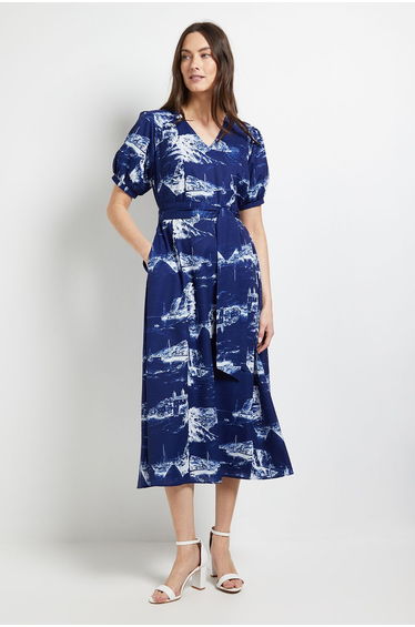 Pleated Sleeve Belted Midi Dress