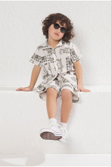 Beige Boy Cotton Printed Woven Shirt Shorts Bottom-Top Set