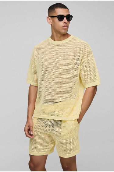Boxy Fit Open Stitch Knitted Shorts Set - yellow