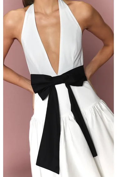 White Woven Bow Detail Skater Maxi Dress
