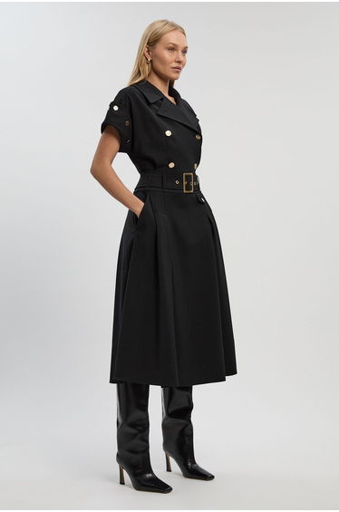 Polished Tailored Button Detail Pleated Midi Dress