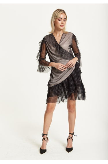 Black Polka Dot Wrap Mesh Dress