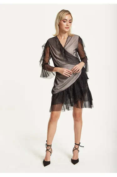 Black Polka Dot Wrap Mesh Dress