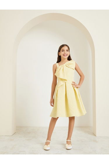Girls Yellow Sleeveless Pleated Dress with Bow Detail