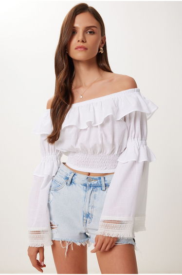 Women's White Carmen Collar Flounce Crop Linen Blouse