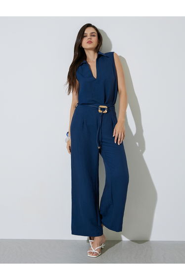 Navy Blue Open Collar Top and Pants Co-Ords Set