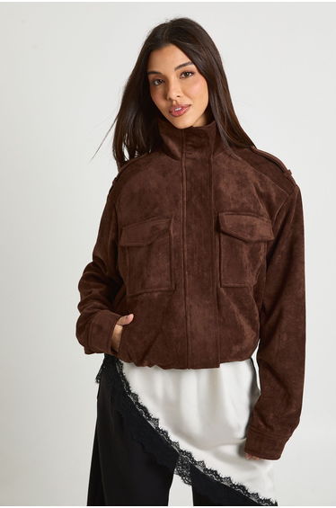 Funnel Neck Suede Pocket Detail Jacket - chocolate