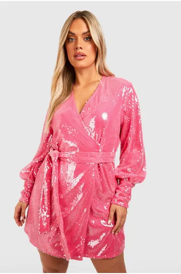 Plus Sequin Wrap Dress - hot pink