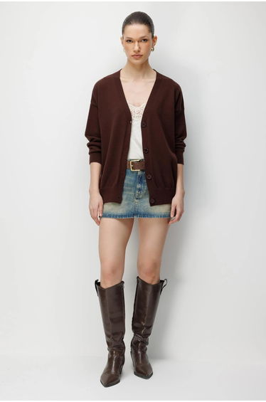 MIXRAY Long Ribbed Knitwear Cardigan with V-neck and Button Closure