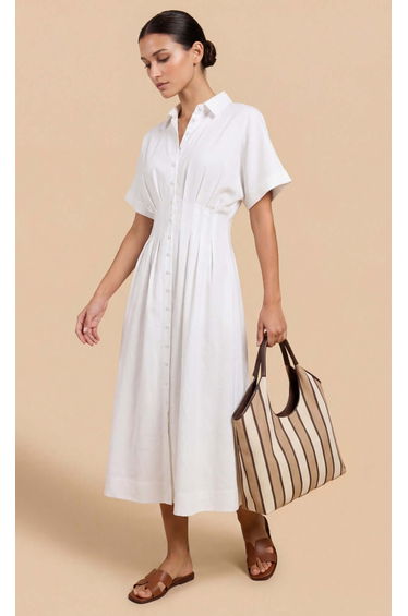 White Cotton Linen Button-Down Midi Dress
