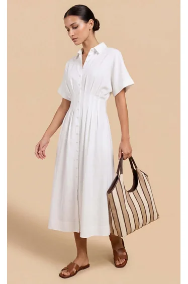 White Cotton Linen Button-Down Midi Dress