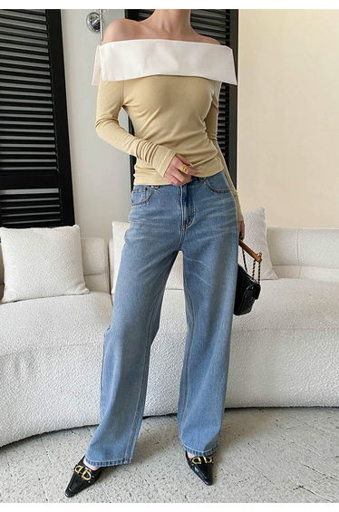 Contrast Flap Off-Shoulder Long Sleeve Top in Light Khaki for Coffee Meetups & Weekend Outings
