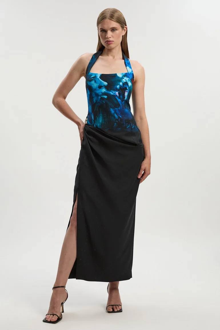 Lily Macrae Polished Tailored Print Halter Neck Gathered Midi Dress
