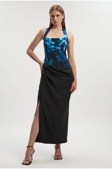 Lily Macrae Polished Tailored Print Halter Neck Gathered Midi Dress