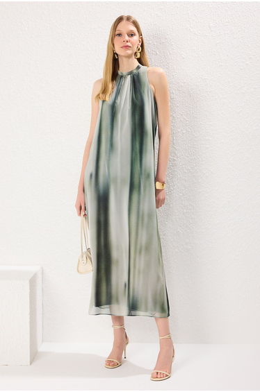 Green Abstract Patterned Straight Cut Tie Detail Maxi Woven Dress