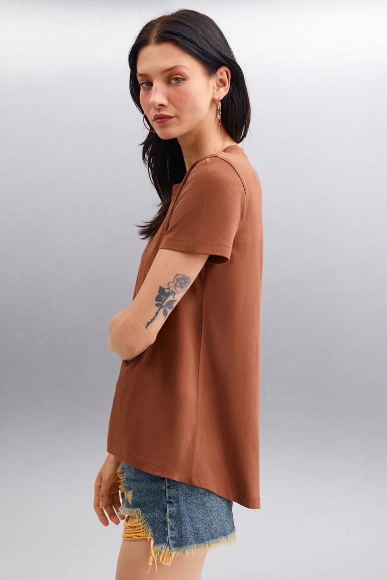 Samantha Women's 100% Organic Cotton Comfort Fit Long Back Basic Knitted Brown T-shirt - 3