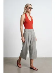 DILVIN High-Waist Pleated Wide-Leg Capri Trousers - 3