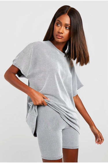 2 Tone Rib Oversized T-shirt & Cycling Short Set - grey