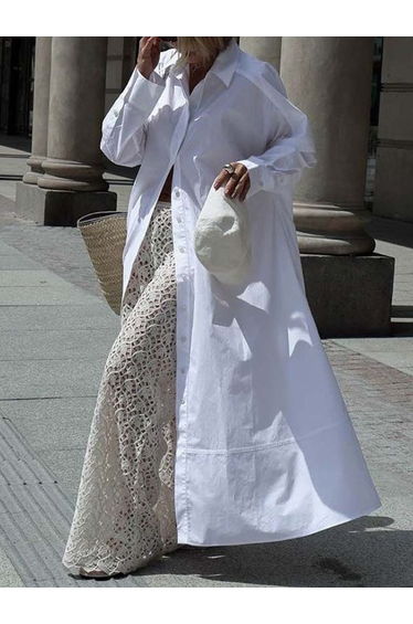 Long Sleeves Solid Color Split-Joint Lapel Maxi Dresses Shirt Dress