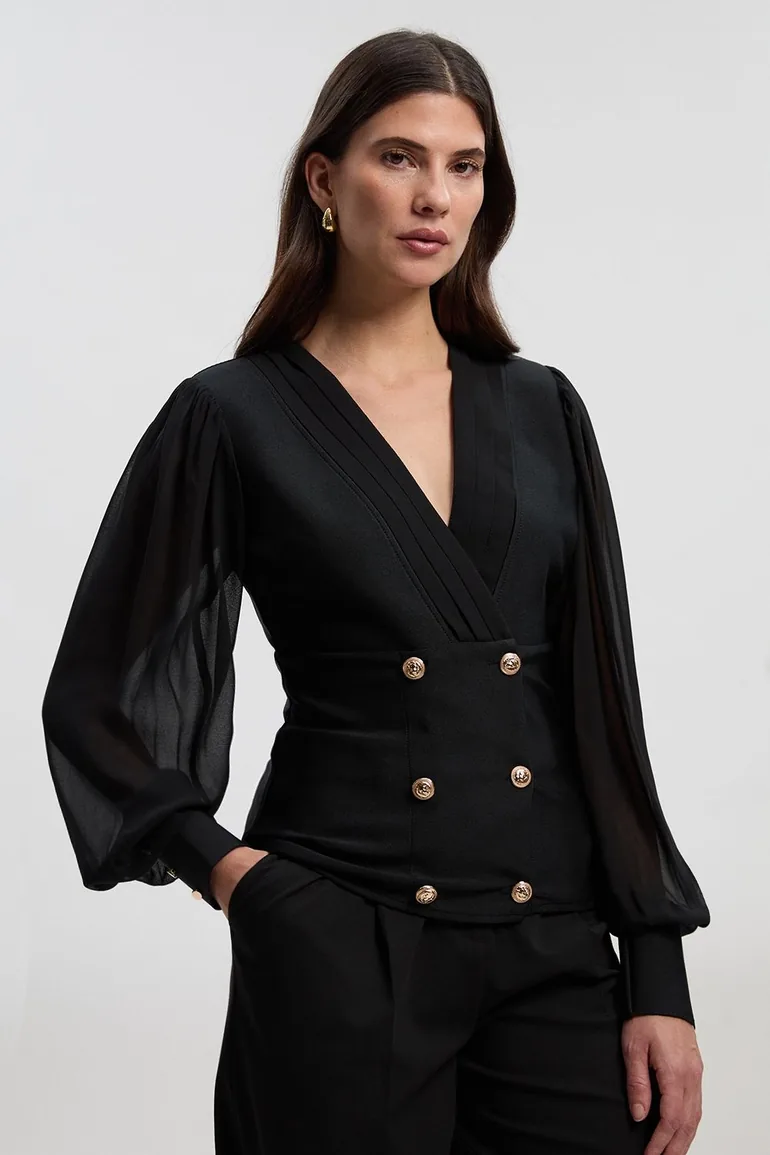 Figure Form Woven Mix Military Button Blazer Knit Top