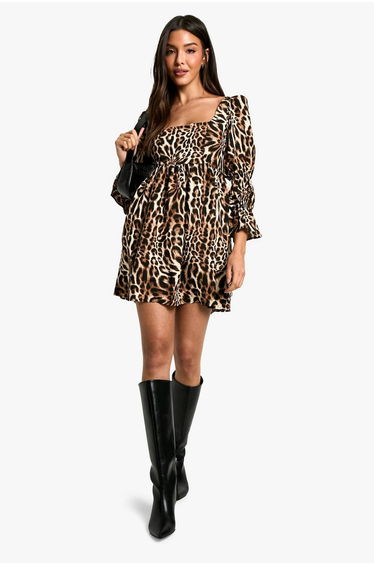 Leopard Gathered Puff Sleeve Smock Dress