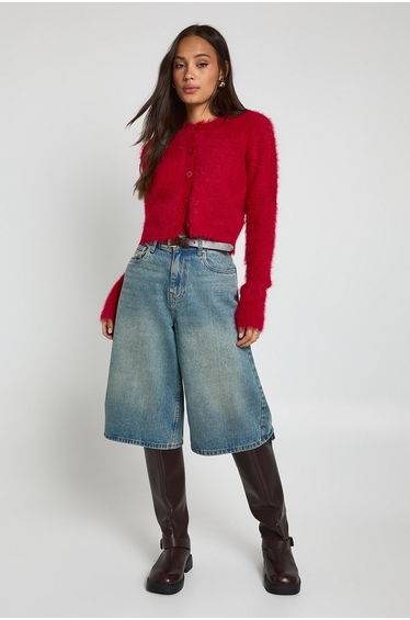 Super Soft Eyelash Knit High Neck Cardigan - red