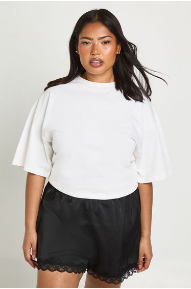 Plus Lace Trim Satin Shorts - black