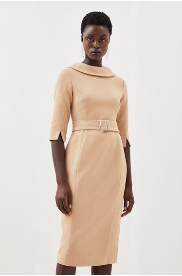 Petite Structured Crepe Roll Neck Belted Midi Dress