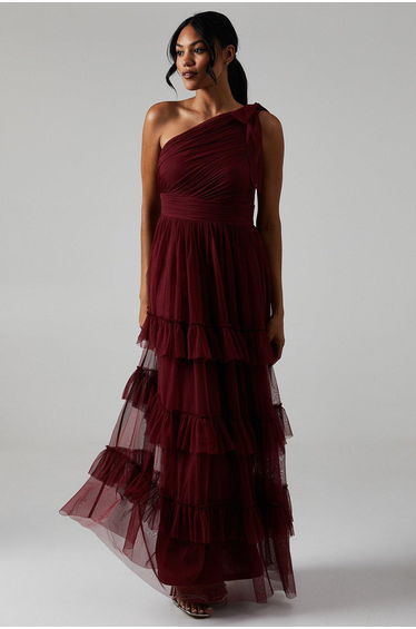 Pleated Mesh One Shoulder Tiered Bridesmaids Dress