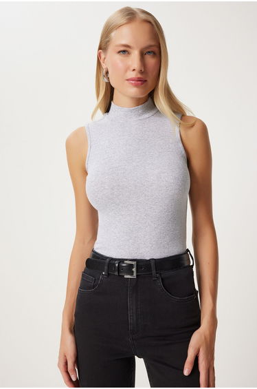 Women's Gray Melange Turtleneck Cotton Knitted Blouse