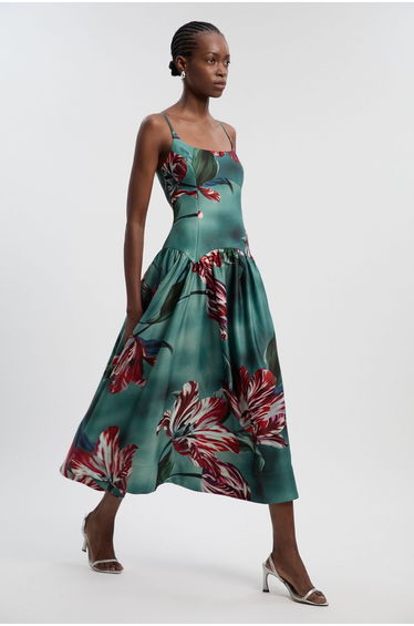 Photographic Floral Heavy Satin Drop Waist Maxi Dress