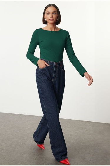 Emerald Green Cotton Boat Neck Fitted/Fits Body Stretch top