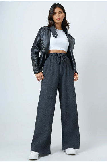 Women's Anthracite High Waist Tie Detail Thick Trousers