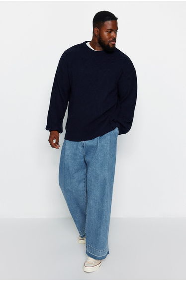 Navy Plus Size Oversize Fit Wide Fit Crew Neck Basic Knitwear Sweater
