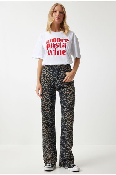 Women's Black Brown Leopard Patterned Straight Jeans
