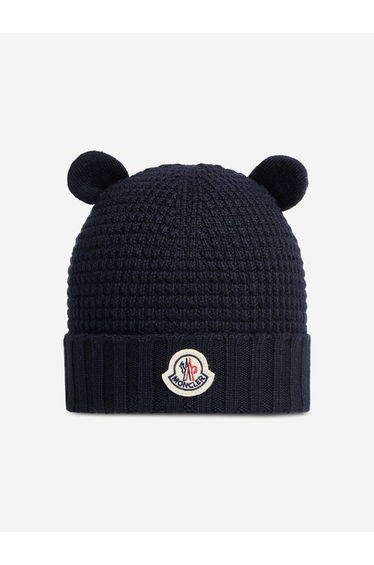 Moncler Enfant Baby Wool Beanie Hat with Ears in Navy