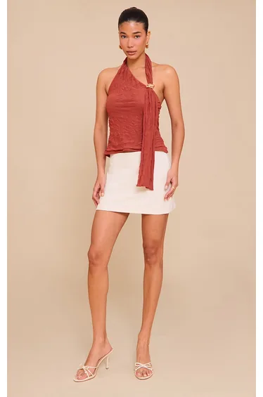 Rust Double Layer Crinkle Mesh Drape Detail Long Top