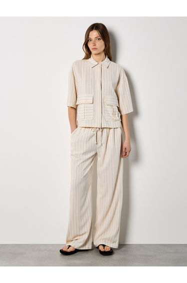 Pinstripe Linen Blend Wide-Leg Trousers