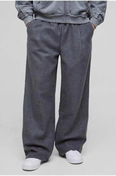 Elasticated Waist Wide Leg Wool Look Pleated Trousers - charcoal