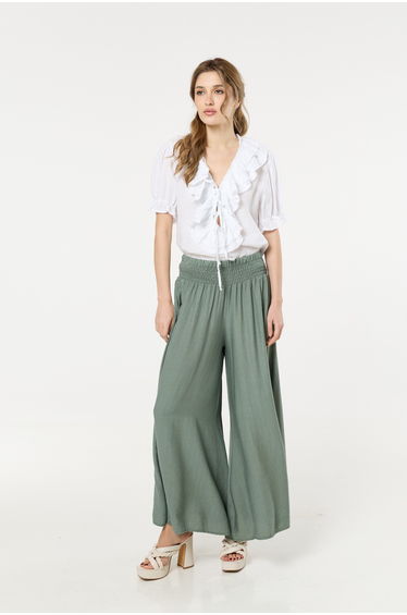 Green Smocked Wide Leg Trousers