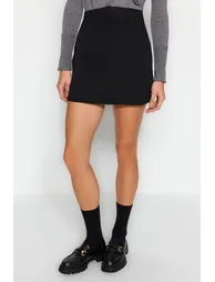 Black Interlock High Waist Zipper Knitted Mini Skirt - 2